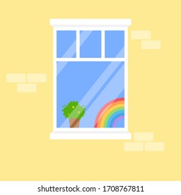Rainbow drawing in the window, symbol of hope during Covid-19 outbreak and world pandemic. Stay at home for coronavirus prevention, quarantine will end soon. Vector illustration