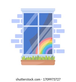 Rainbow drawing in the window, symbol of hope during Covid-19 outbreak and world pandemic. Stay at home for coronavirus prevention, quarantine will end soon. Vector illustration on white background