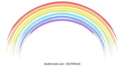 The rainbow is drawn in the style of a dry brush. A seven-color rainbow, a real child's rainbow. For children's rooms, toys, prints, etc. Isolated on a white background