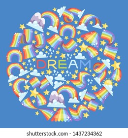 Rainbow dream round pattern bright colorful sky graphic weather vector illustration. Spectrum curve shape fantasy beautiful clouds background. Sweet baby magic holographic rain bow