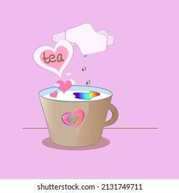 Rainbow drops fall into a cup. Air clouds. Tea with milk.