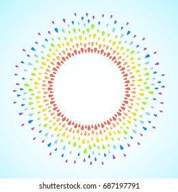 Rainbow drops frame with empty space for your text. Frame made of colorful raindrops, tears. Circle shape. Multicolor abstract radial background.