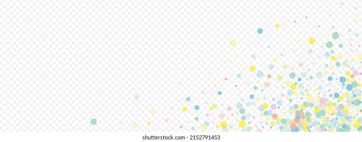 Rainbow Dust Abstract Panoramic Transparent Background. Carnaval Polka Banner. FallingFestive Confetti Invitation. Yellow Dot Invitation Backdrop.