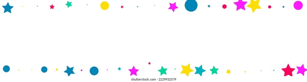 Rainbow Dust Karneval, Vektorweißer Panoramablick Hintergrund. Regenanfall-Illustration. Feiern Sie Circle and Star Pattern. Falling Round Independence Banner.
