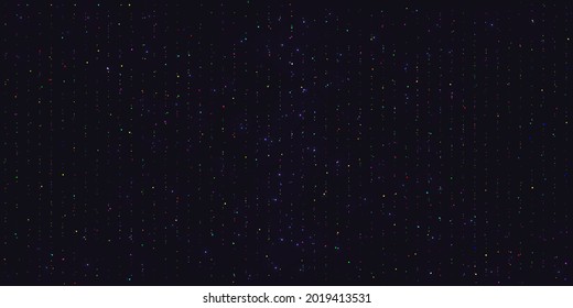 Rainbow dust falling flying sparkling confetti dots of vertical lines. Shimmering glow glittering rainbow glitter particles effect. Glitter rain, colorful star dust, bright sparkles on black. Vector