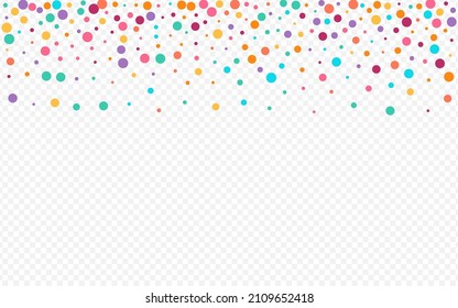 Rainbow Dust Flying Vector Transparent Background. Carnival Circle Pattern. Independence Polka Wallpaper. Multicolored Round Christmas Illustration.
