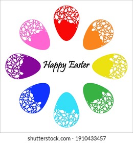Rainbow easter eggs with white ornament in circle. Vector Easter card. Greeting card. Easter illustration for print. Eps 10