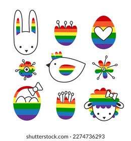 Rainbow easter symbols set. LGBT springtime holiday objects. Gay bunny, eggs, lamb, chicken, hunt basket, flowers illustration. Pride vector abstract graphic modern flat.