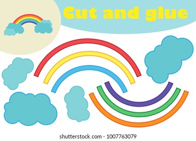 Rainbow, education paper game for the development of preschool children, use scissors and glue to create the applique, cut parts of the image and glue on the paper, vector illustration
