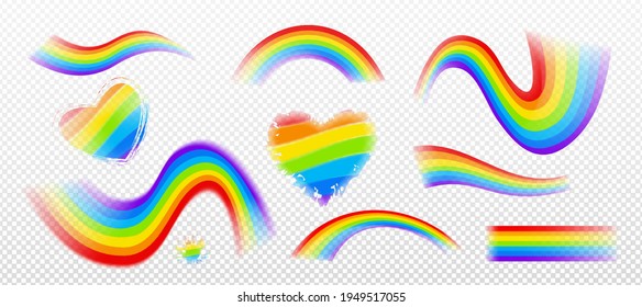 Rainbow effect, colorful wavy stripes, spots and hearts with grunge edges isolated on transparent background. Lgbt symbol, graphic design elements of different shapes, Cartoon vector icons set