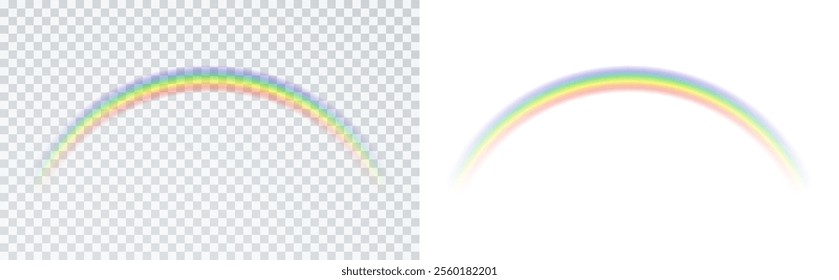 Rainbow effect isolated on transparent and white backgrounds. Spectrum fantasy arc template. Vector realistic translucent sky or weather element design