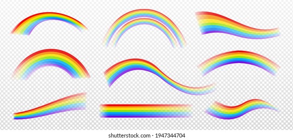 Efectos del arcoiris aislados en un fondo transparente. Conjunto vectorial de líneas onduladas, rectas y de arco coloridas. Ilustración de fantasía del efecto de la luz del espectro en el cielo después de la lluvia