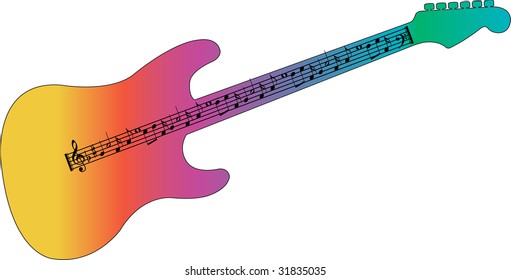 Rainbow electric guitar with music notes
