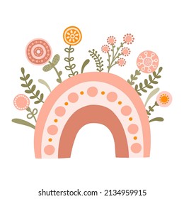 Rainbow element with spring flowers on white background in pastel colors. Illustration folklore rainbow in flat style. Vector