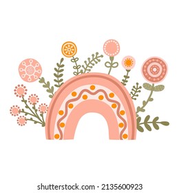 Rainbow element with spring flowers on white background in gentle pastel colors. Illustration folklore rainbow in flat style. Vector