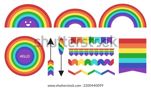 Rainbow elements collection. Flag banners, arrows,\
rainbows full and half. Cute smile, festive garlands and dividers,\
vector party symbols set\
design