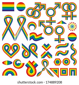 Rainbow elements and gay symbols.