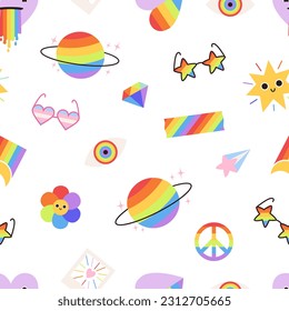 Rainbow elements seamless pattern, LGBT pride family background. Cute faces, hears and stars fabric print, vector graphic texture
