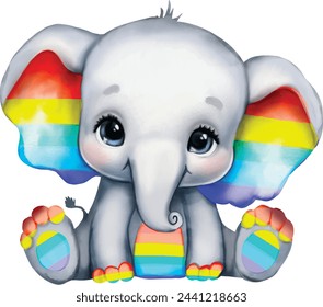 Rainbow Elephant vector watercolor baby elephant image