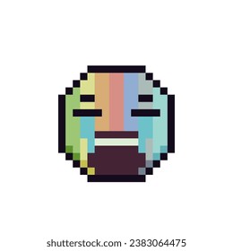 Rainbow emoticon face with open mouth pixel art icon cartoon character. Show language emotion. Flat style. 8-bit style. Isolated abstract vector illustration.