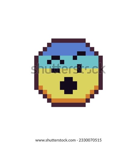Rainbow emoticon with surprised face and one eyebrow raised pixel art icon. Cartoon character. Show the language of emotion. Flat style. 8-bit style. Isolated abstract vector illustration.