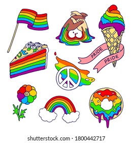 Aufkleber für Regenbogengleichheit auf weißem, isoliertem Hintergrund. LGBTQ-Symbole für Einladung oder Geschenkkarte, Notebook, Badziegel, Scrapbook. Telefongehäuse oder Stoffdruck. Stockvektorgrafik im Doodstil