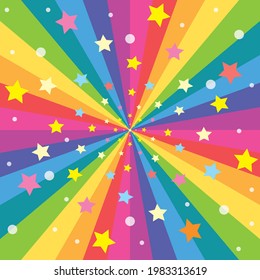 Rainbow explosion with colorful stars, cartoon background, flat design, vector illustration.