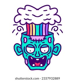 Rainbow explosion inside zombie head, illustration for t-shirt, sticker, or apparel merchandise. With doodle, retro, and cartoon style.