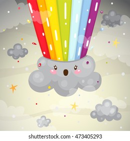Rainbow explosion, overcast, dark clouds, children's illustration, vector.