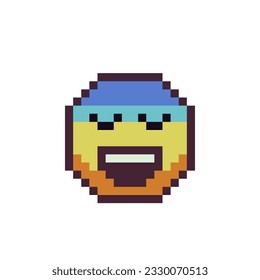 Rainbow face with smile and closed eyes pixel art icon. Cartoon character smiling emoticon. Flat style. 8-bit style. Isolated abstract vector illustration.