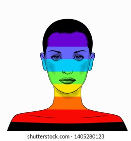 Rainbow face of a woman. LGBT symbol of love. Gay Pride. LGBT concept. Realistic style colorful illustration. Vintage engravings stylized as a drawing. Vector illustration