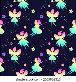 rainbow fairy silhouettes and flowers. Vector pattern. Magic background for fantasy design