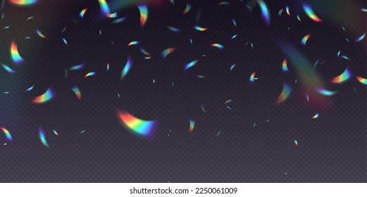 Rainbow falling confetti, holographic falling foil pieces, abstract festive background. Transparent overlay effect. Vector illustration.