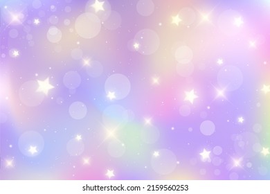 Fondo de fantasía arcoiris  Un cielo luminoso multicolor con estrellas y bokeh  Ilustración holográfica en colores pastel violeta y rosa  Papel pintado de tiras cómicas  Vector 