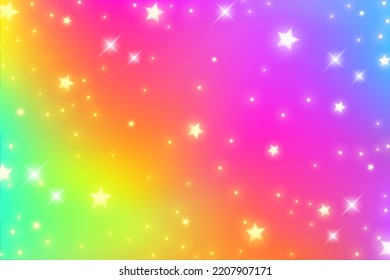 Rainbow fantasy background. Bright multicolored sky with stars and sparkles. Holographic wavy illustration. Vector