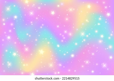 Rainbow fantasy background. Bright multicolored sky with stars and sparkles. Holographic wavy illustration. Vector