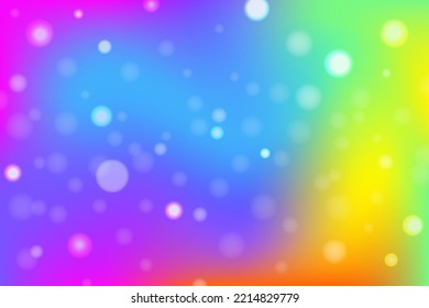 Rainbow fantasy background. Bright multicolored sky with bokeh. Holographic wavy illustration. Vector