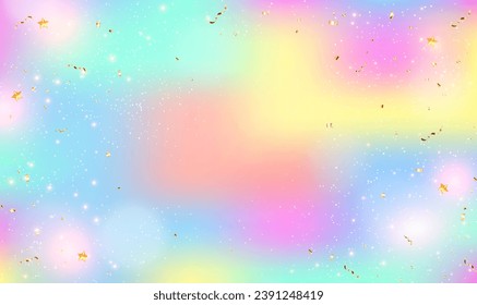 Rainbow fantasy background with fairy sparkles, stars and blurs. Holographic illustration in pastel colors. Girlie universe banner in princess colors. Magic Holographic fairy background. Vector EPS10.