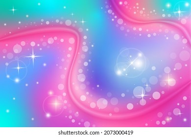 Rainbow fantasy background. Holographic illustration. Multicolored sky with stars and bokeh