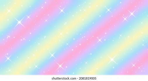 Rainbow fantasy background. Holographic illustration in pastel colors. Cute cartoon girly background. Bright multicolored sky with stars. Vector illustration