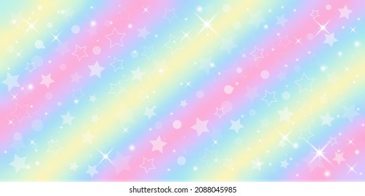 Rainbow fantasy background. Holographic illustration in pastel colors. Cute cartoon girly background. Bright multicolored sky with stars. Vector illustration