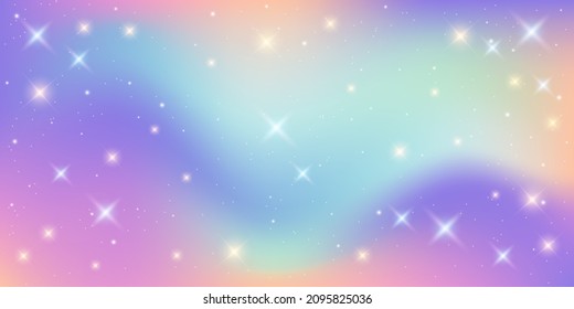 Rainbow fantasy background. Holographic illustration in pastel colors. Cute cartoon girly pattern. Bright multicolored sky with stars. Vector.