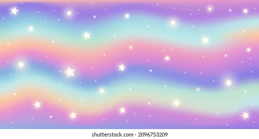 Rainbow fantasy background. Holographic illustration in pastel colors. Cute wavy pattern. Bright multicolored sky and stars. Vector