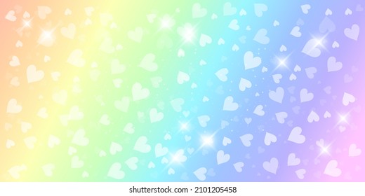 Rainbow fantasy background. Holographic illustration in pastel colors. Cute cartoon girly background. Bright multicolored sky with bokeh and hearts. Vector.