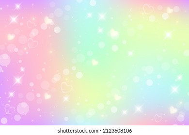 Rainbow Fantasy Background. Holographic Illustration In Pastel Colors. Cute Cartoon Girly Background. Bright Multicolored Sky With Bokeh And Hearts. Vector.