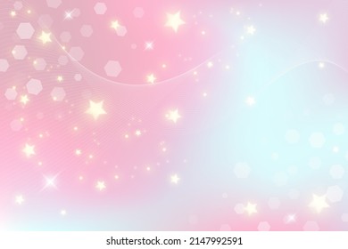 Rainbow fantasy background. Holographic illustration in pastel colors. Cute cartoon girly background. Bright multicolored sky with stars and hearts. Vector.