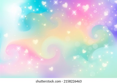 Rainbow fantasy background. Holographic illustration in pastel colors. Cute cartoon girly wallpaper. Bright multicolored sky with stars. Vector.