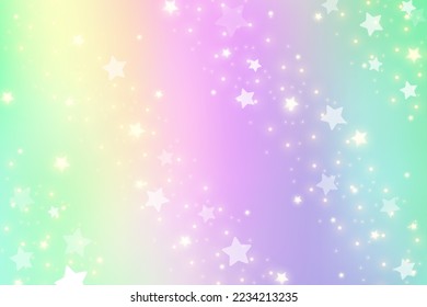 Rainbow fantasy background. Holographic illustration in pastel colors. Cute cartoon girly background. Bright multicolored sky with stars. Vector illustration