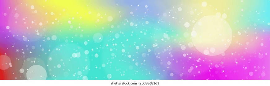 Rainbow fantasy background. Holographic illustration in pastel colors. Cute cartoon girly background. Bright multicolored sky with bokeh and hearts. Vector.