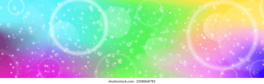 Rainbow fantasy background. Holographic illustration in pastel colors. Cute cartoon girly background. Bright multicolored sky with bokeh and hearts. Vector.